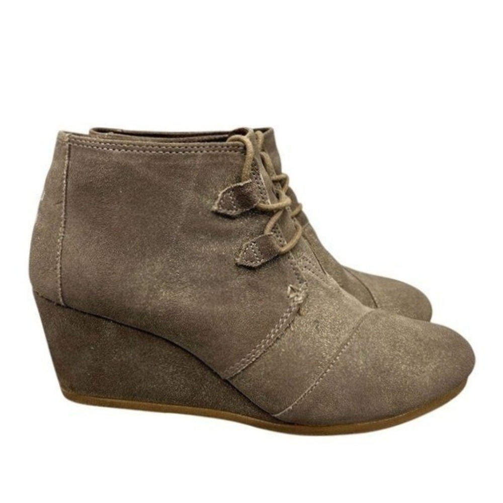 TOMS Desert Wedge Taupe Suede Shimmer Lace Up Ankle Booties 12 Womens